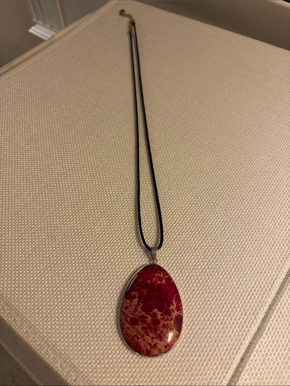 Boho chic Red Sea Sediment Jasper tear drop pendent set in sterling silver.